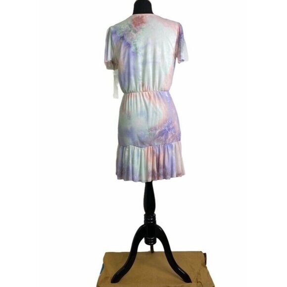 Aqua Womens Overlay‎ Faux Wrap Dress Pink Tie Dye Stretch V Neck Ruched M New - Picture 9 of 10